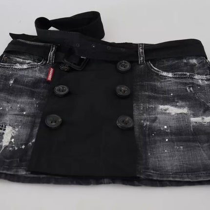 Black Distressed Mid Waist A-line Denim Mini Skirt