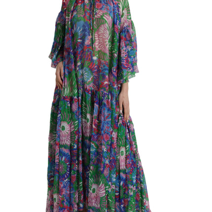 Veelkleurige bloemen zijden kaftan maxi jurk