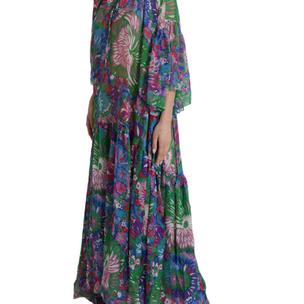 Veelkleurige bloemen zijden kaftan maxi jurk