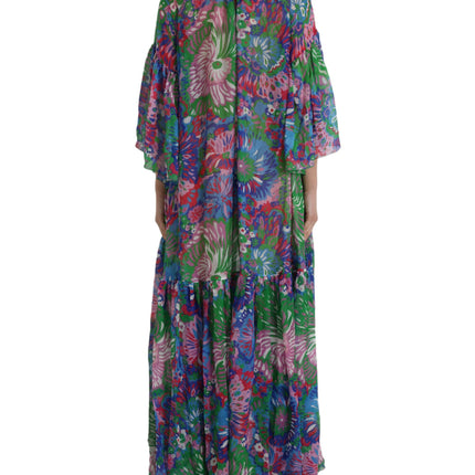 Veelkleurige bloemen zijden kaftan maxi jurk