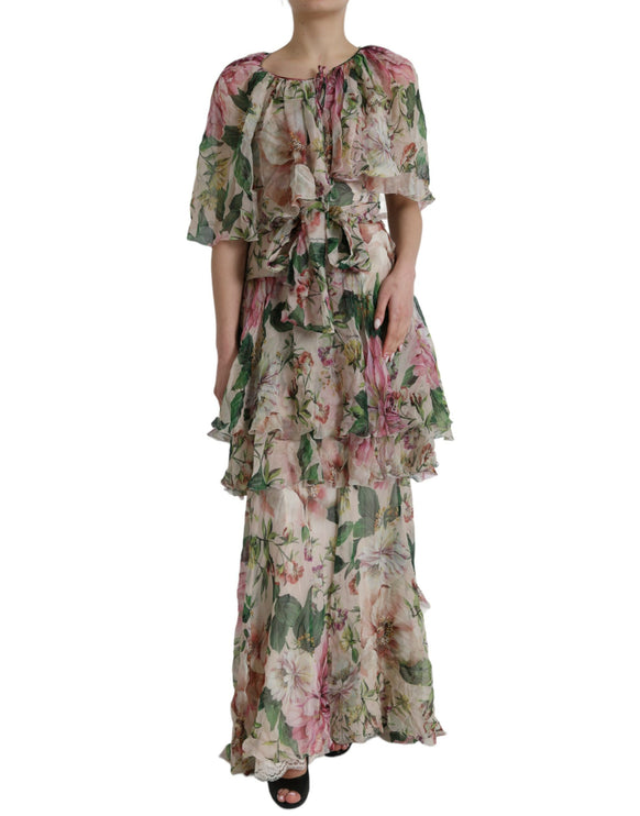 Robe maxi à plusieurs niveaux à plusieurs niveaux de soie florale multicolore