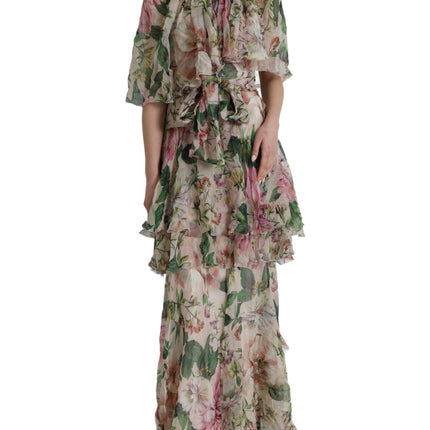 Robe maxi à plusieurs niveaux à plusieurs niveaux de soie florale multicolore