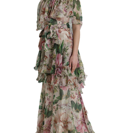 Robe maxi à plusieurs niveaux à plusieurs niveaux de soie florale multicolore