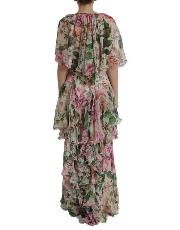 Robe maxi à plusieurs niveaux à plusieurs niveaux de soie florale multicolore