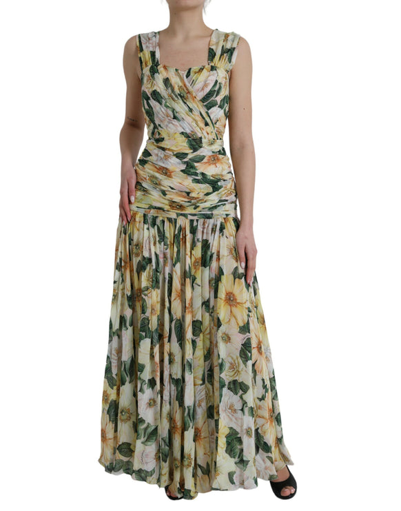 Robe maxi plissée en soie à imprimé floral jaune