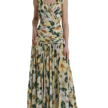 Robe maxi plissée en soie à imprimé floral jaune