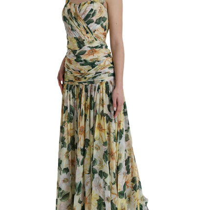 Robe maxi plissée en soie à imprimé floral jaune