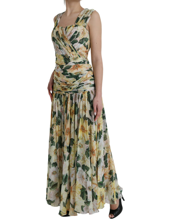 Robe maxi plissée en soie à imprimé floral jaune