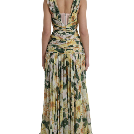 Robe maxi plissée en soie à imprimé floral jaune