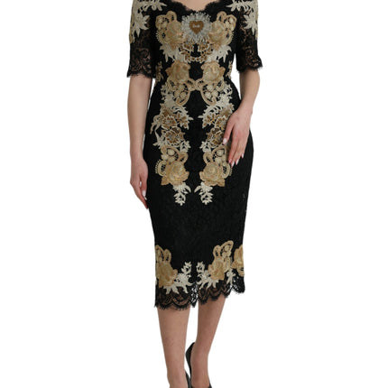 Black Floral Lace Cotton Sheath Midi Dress