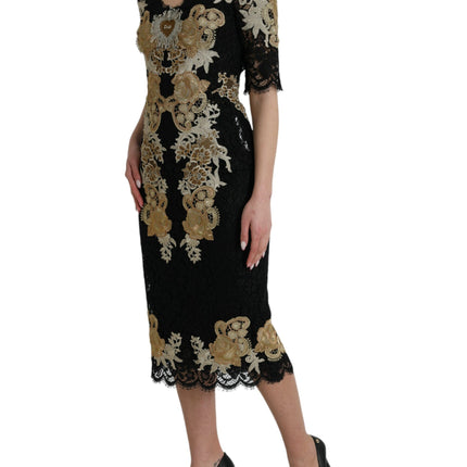 Black Floral Lace Cotton Sheath Midi Dress