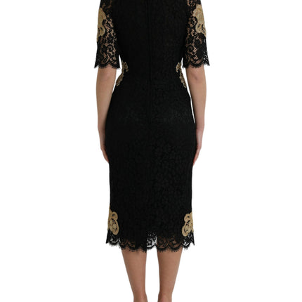 Black Floral Lace Cotton Sheath Midi Dress