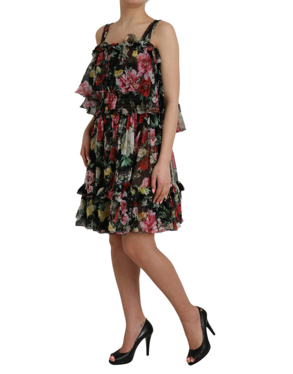 Robe sans manches en soie florale noire