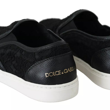 Black Lace Leather Logo platte slip-on sneakers