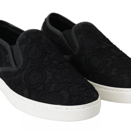 Black Lace Leather Logo platte slip-on sneakers