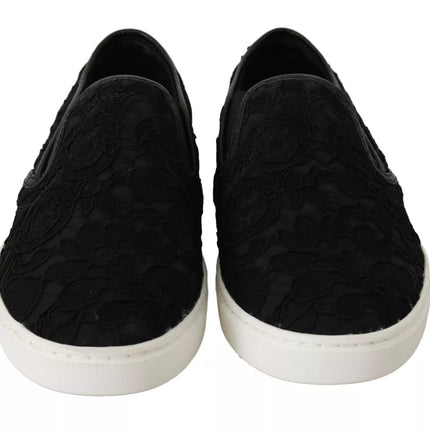 Black Lace Leather Logo platte slip-on sneakers