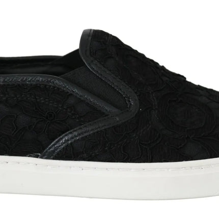 Black Lace Leather Logo platte slip-on sneakers