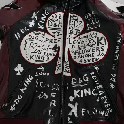 Chaqueta de cuero con capucha negra Burdeos DG King of Love