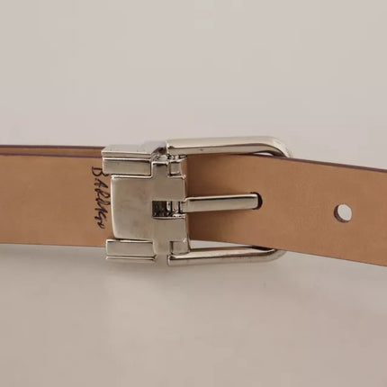 Brown Classic Leather Silver Logo Metal Buckle Belt