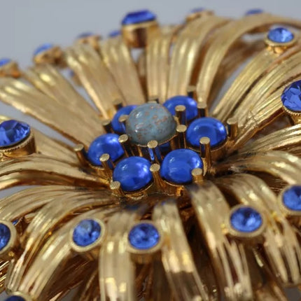 Gold Brass Blue Crystals Broche de joyería adornada