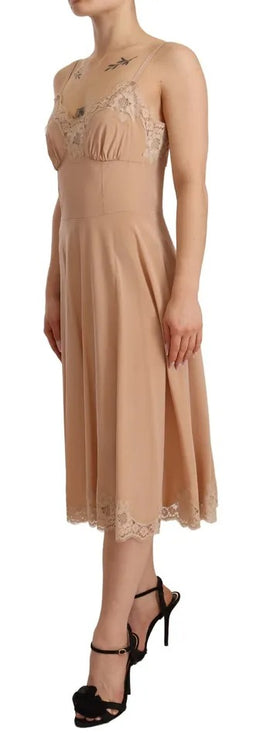 Robe midi de sangle spaghetti en dentelle beige en dentelle A-line