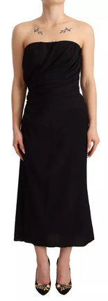 Zwarte zijden rek Strapless Sheath Midi -jurk