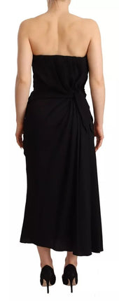 Zwarte zijden rek Strapless Sheath Midi -jurk