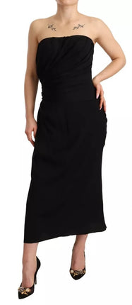 Zwarte zijden rek Strapless Sheath Midi -jurk