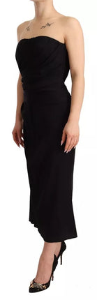 Zwarte zijden rek Strapless Sheath Midi -jurk