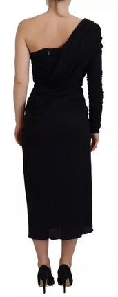 Black Wrap Sheath One Shoulder Wool Dress