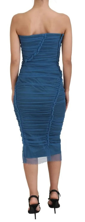 Blue Mesh Trim Ruched Tulle Sheath Dress