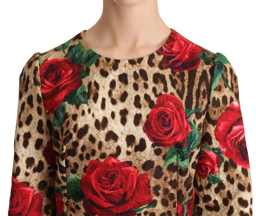 Robe Brown Leopard Red Roses Cotton A-Line