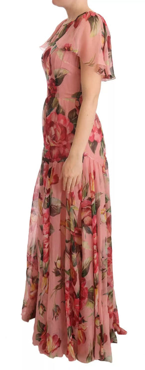 Robe maxi à imprimé floral en soie rose