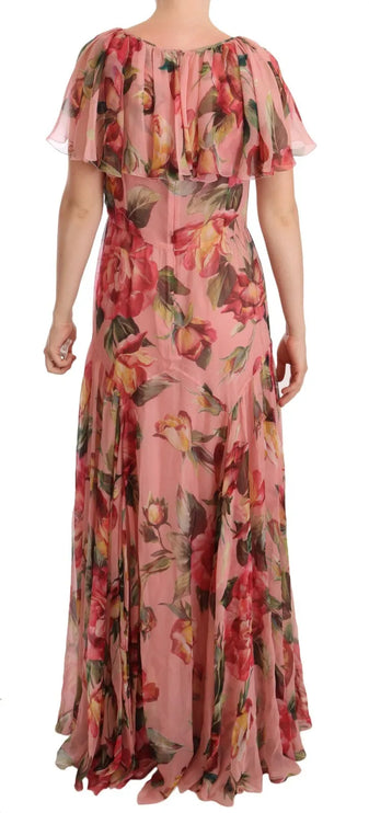 Robe maxi à imprimé floral en soie rose