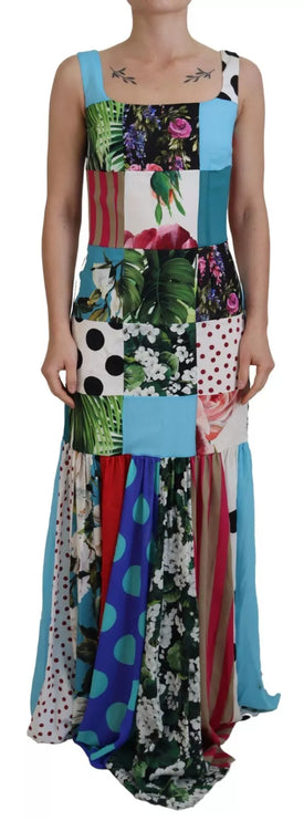 Robe maxi de gaine patchwork multicolore en soie