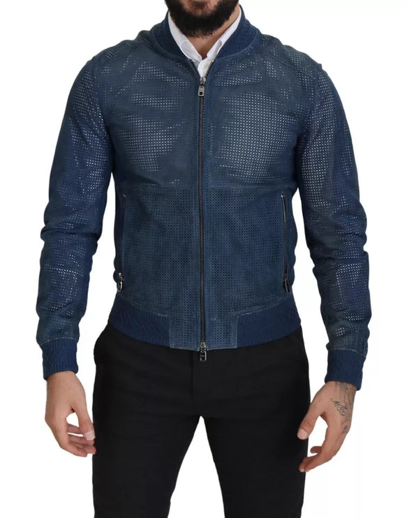 Chaqueta de cremallera completa de cuero azul