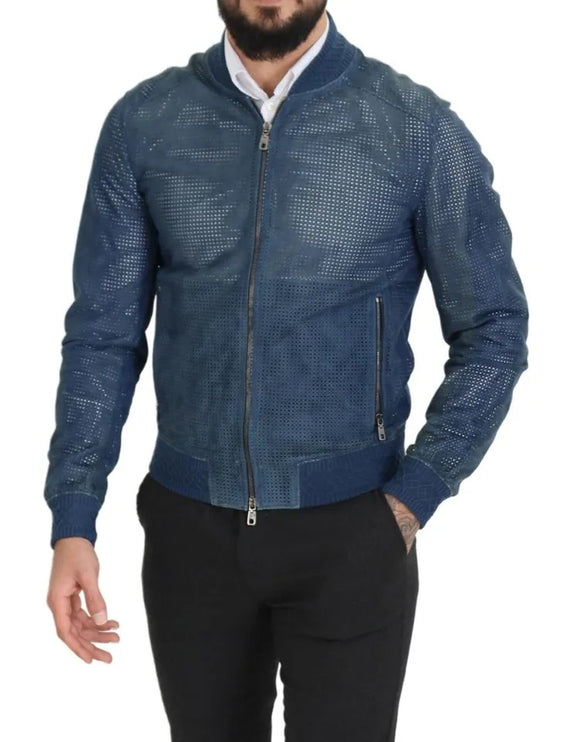 Chaqueta de cremallera completa de cuero azul