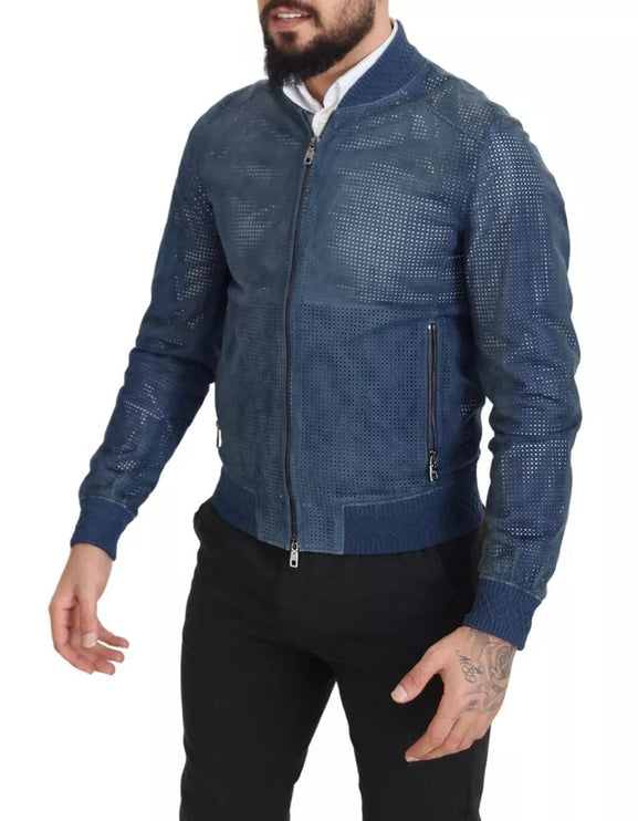 Chaqueta de cremallera completa de cuero azul