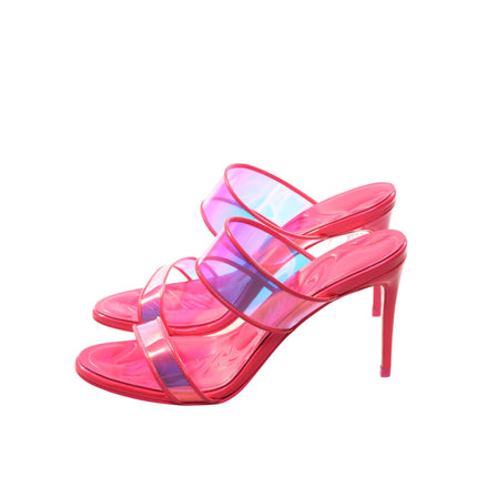 Just Loubi 85 Neon Fluoro Hot Pink Strappy Telle High Heel Mules