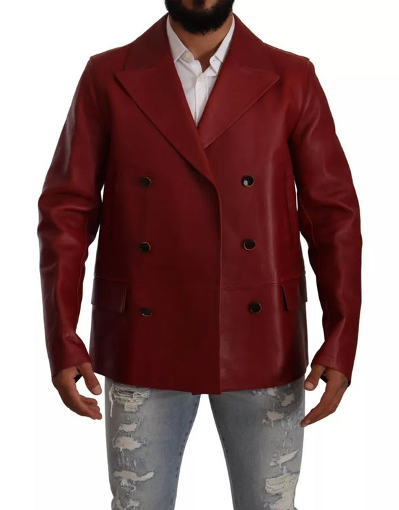 Chaqueta roja de cuero de doble pecho