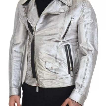 Silver Leather Biker Coat Lambskin Jacket