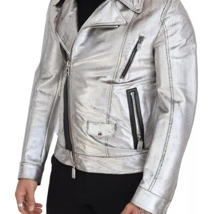 Silver Leather Biker Coat Lambskin Jacket