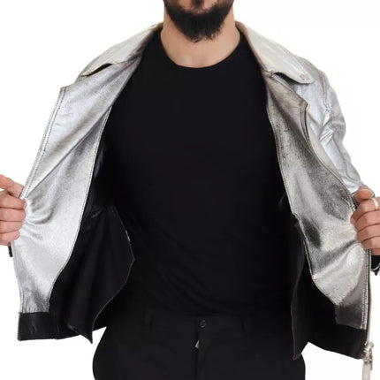 Silver Leather Biker Coat Lambskin Jacket