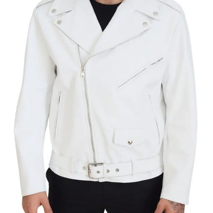 White Leather Biker Coat Zipper Jacket