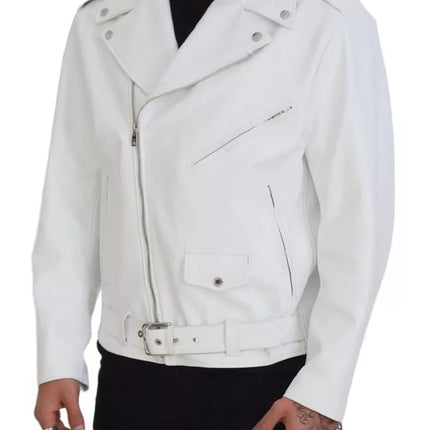 White Leather Biker Coat Zipper Jacket