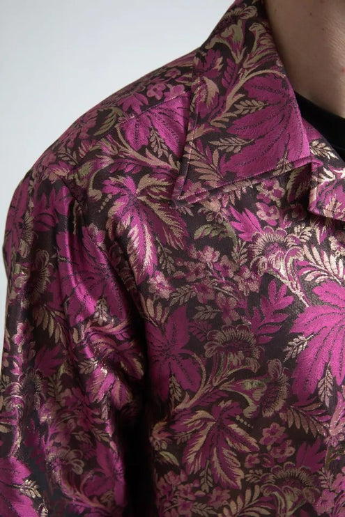 Fucsia Pink Floral Jacquard Button Down Camisa