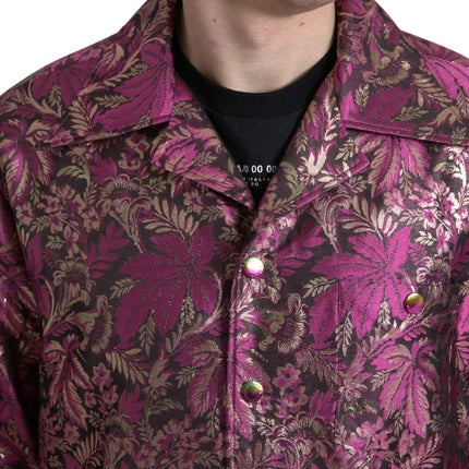 Fucsia Pink Floral Jacquard Button Down Camisa