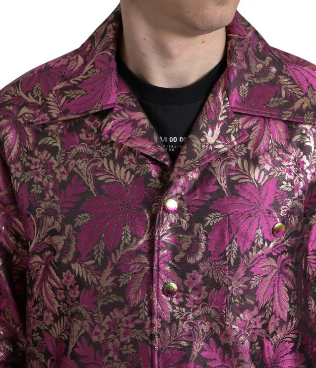 Fucsia Pink Floral Jacquard Button Down Camisa