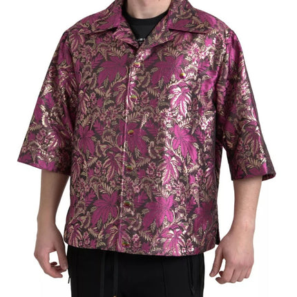 Fucsia Pink Floral Jacquard Button Down Camisa