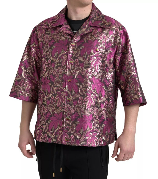 Fucsia Pink Floral Jacquard Button Down Camisa